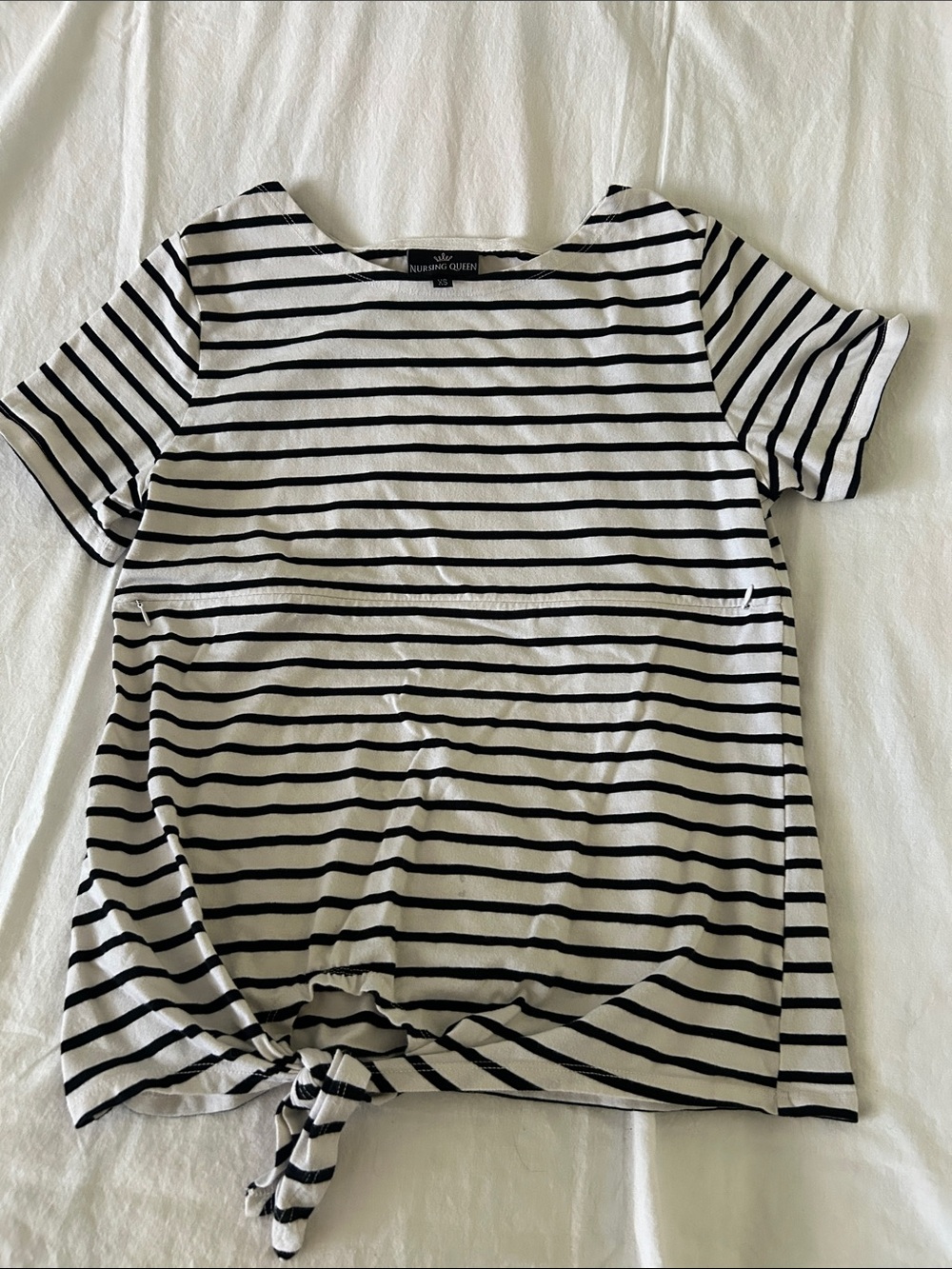 Nursing Queen White and Black Striped Short Sleeve Nursing Tee with Front Tie